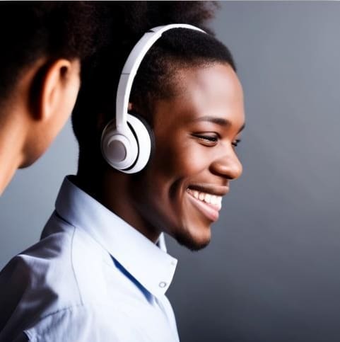 A man and woman wearing headphones smiling.