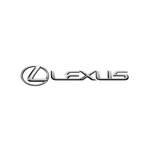 A silver lexus logo is shown on the side of a car.