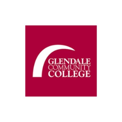 A red square with the words glendale community college on it.